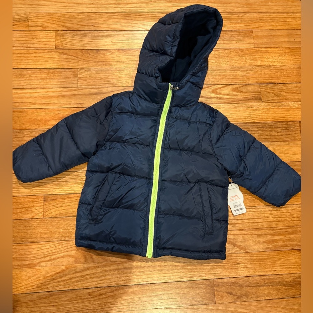 Navy Puffer Jacket with Lime Zipper